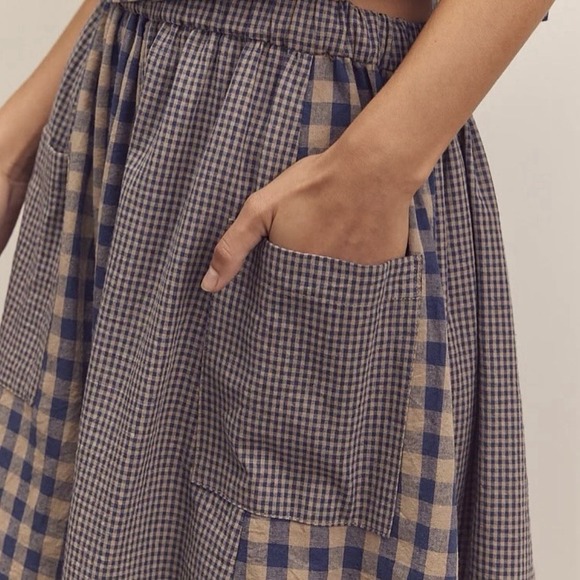 Amente LA Gingham Midi Skirt A-Line Preppy Cottagecore Elastic Waist Pockets - Picture 5 of 10